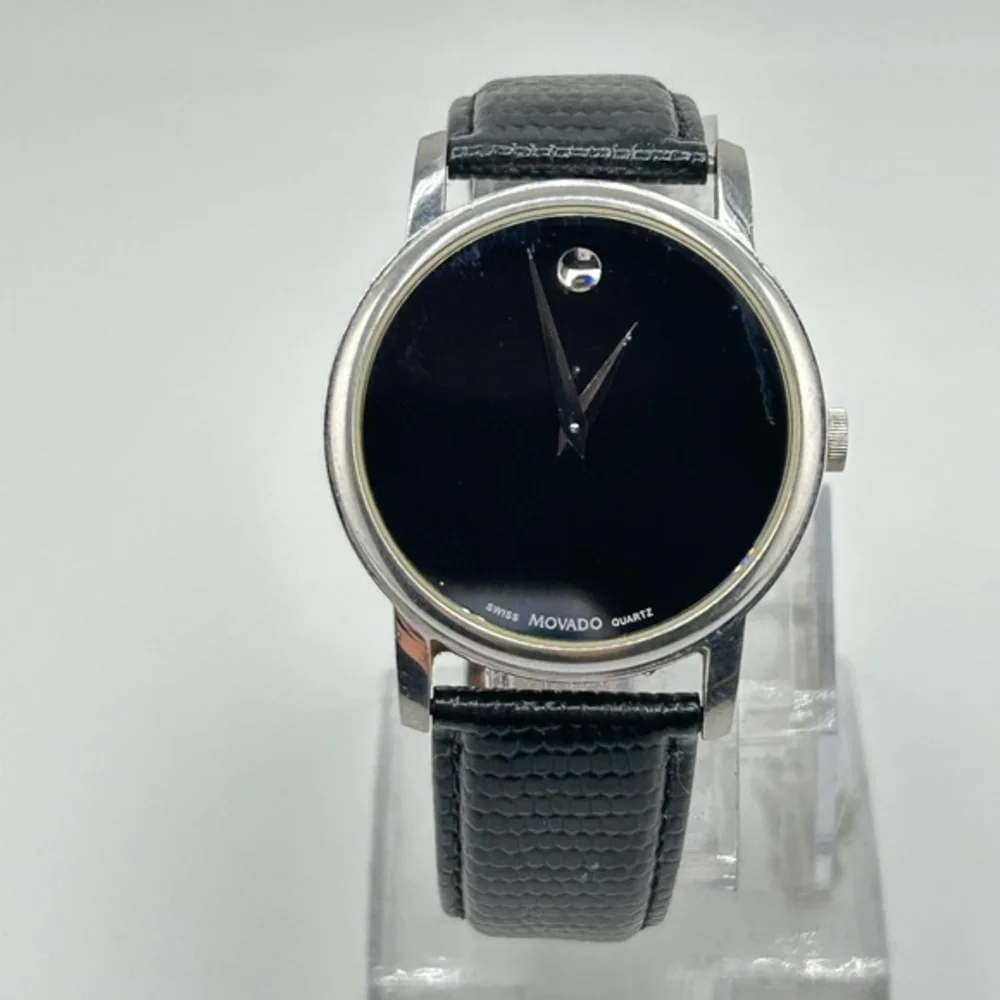 Movado Black Leather Strap Watch swiss quartz 12.396.106 #535